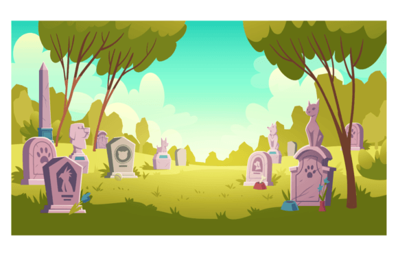 Pet Cemetery Day Landscape: A Tombstone with Footprint Inscription and Animal Monument